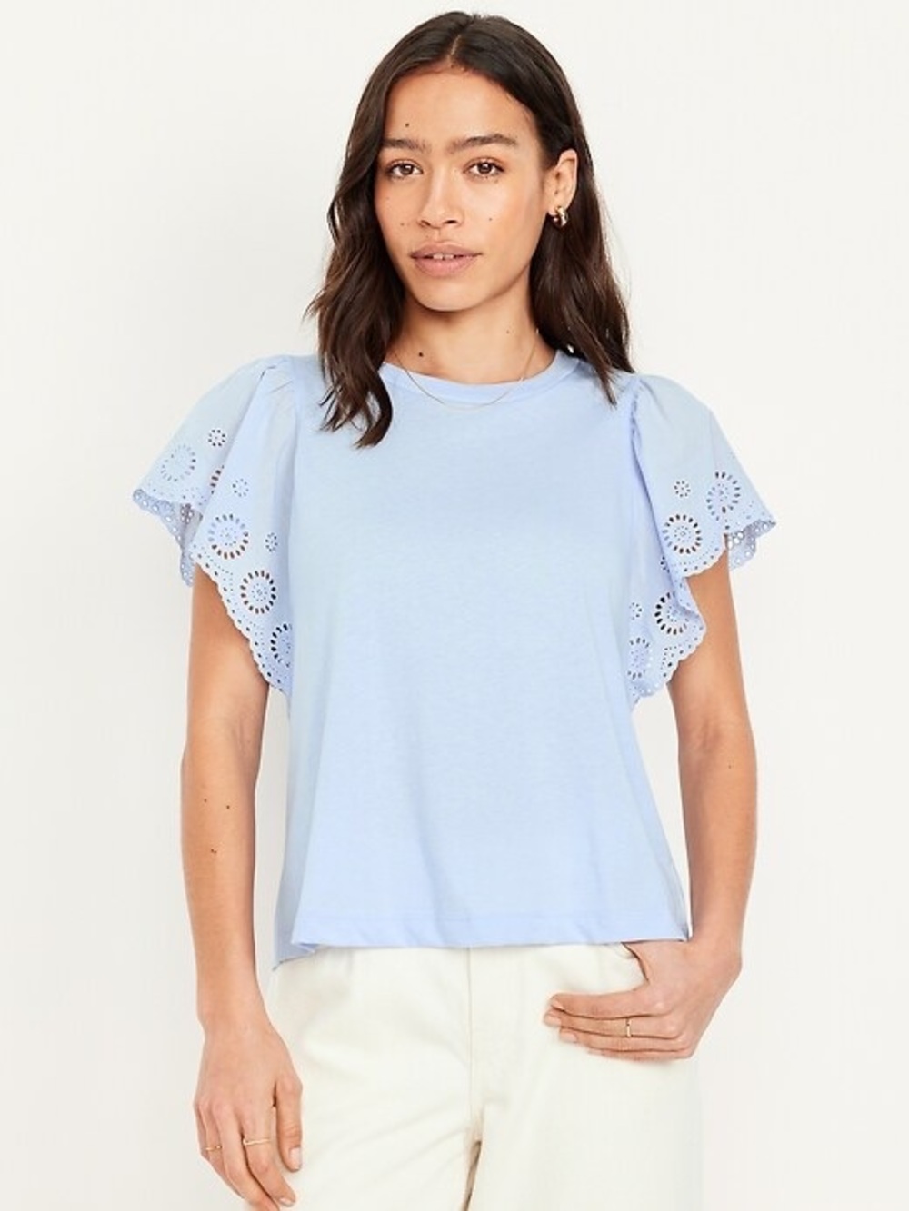 Old Navy Light Blue Cutwork Sleeve Mixed Fabric Top